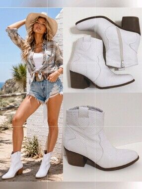 Dirty Laundry White Western Ankle Boots US 8 Faux Snakeskin Cowgirl Coastal Chic